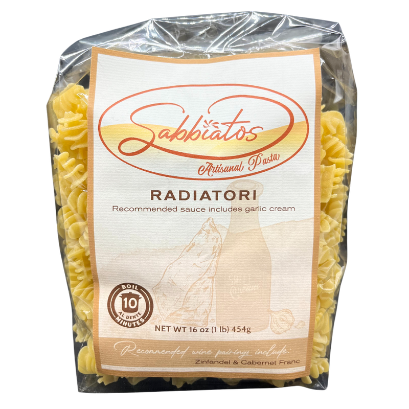 Radiatori Pasta | Hand Made Artisan Pasta | Small, Squat Pasta Shape | Works Well With Thicker Sauces | Used In Casseroles, Salads, & Soups | Pagoda Pasta | Pairs Nicely With Zinfandel Or Cabernet Franc Wine | Nebraska Pasta