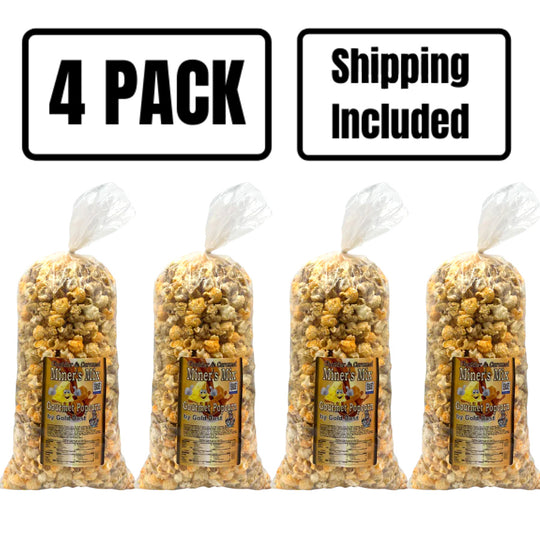 Miner's Mix Gourmet Popped Popcorn | Caramel and Cheese Popcorn Mix | 7 oz. bag | 4 Pack | All Natural | Non-GMO  | Perfect For Sharing | Light and Fluffy Popped Kernels | Sweet and Salty Snack | Made in Nebraska | Shipping Included