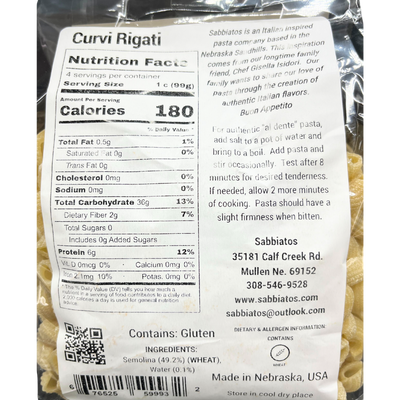 Curvy Rigati | Hand Made Artisan Pasta | Made From Durum Wheat Semolina | Authentic Flavor | High Protein | Shell Shape | Pair With Chianti or Gamay Wine | Nebraska Pasta