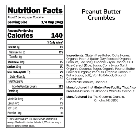 Peanut Butter Crumbles | 2.4 oz. Bag | Gluten, Dairy, & Soy Free | Nutriously Smart | Made in Omaha, NE | The Gourmet Granola