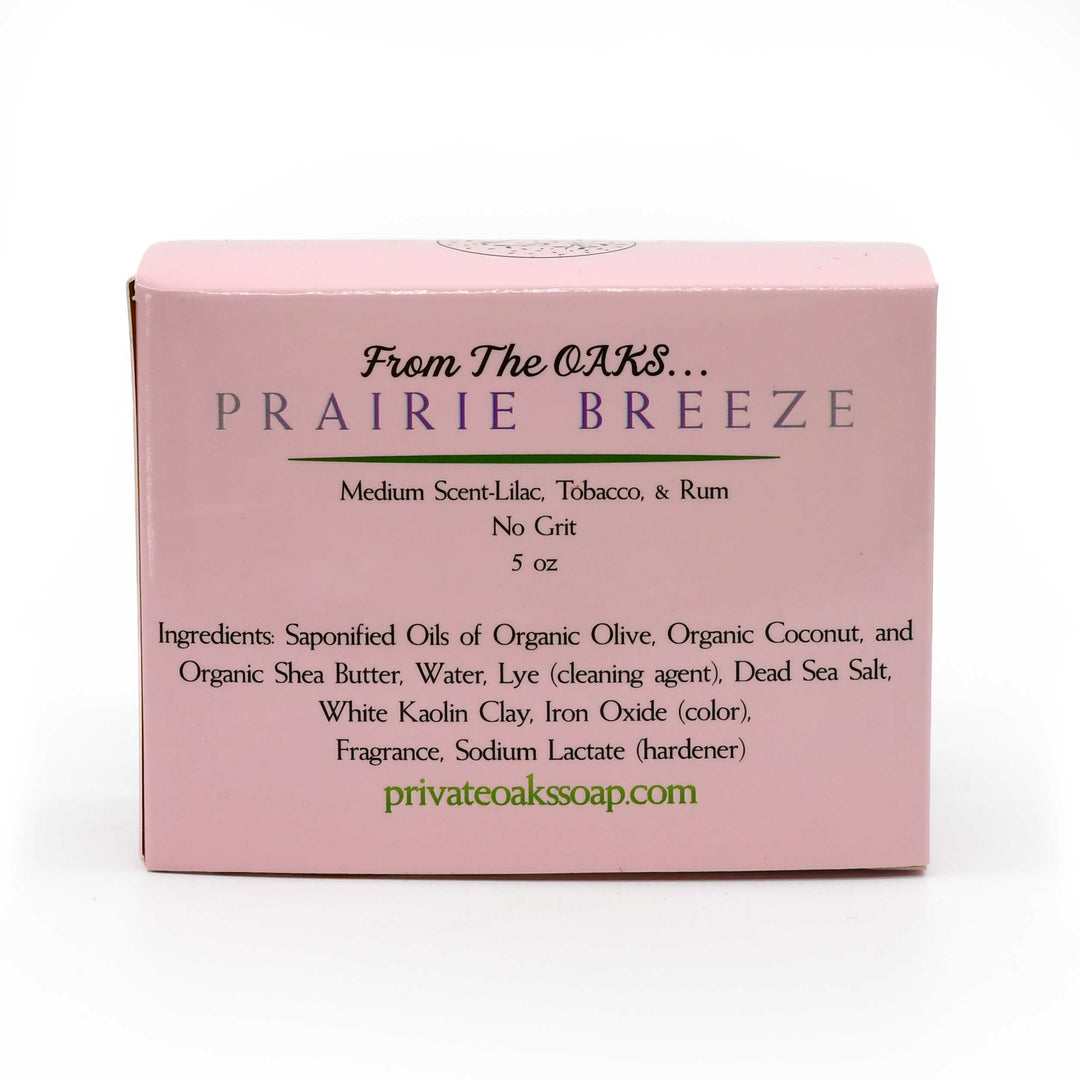 Pink box of 'Prairie Breeze' soap with text on a white background