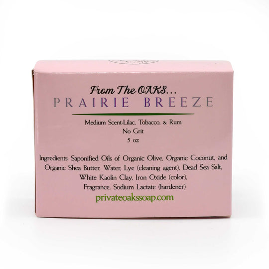Pink box of 'Prairie Breeze' soap with text on a white background