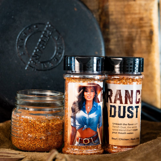 Ranch Dust seasoning bottles against rustic background