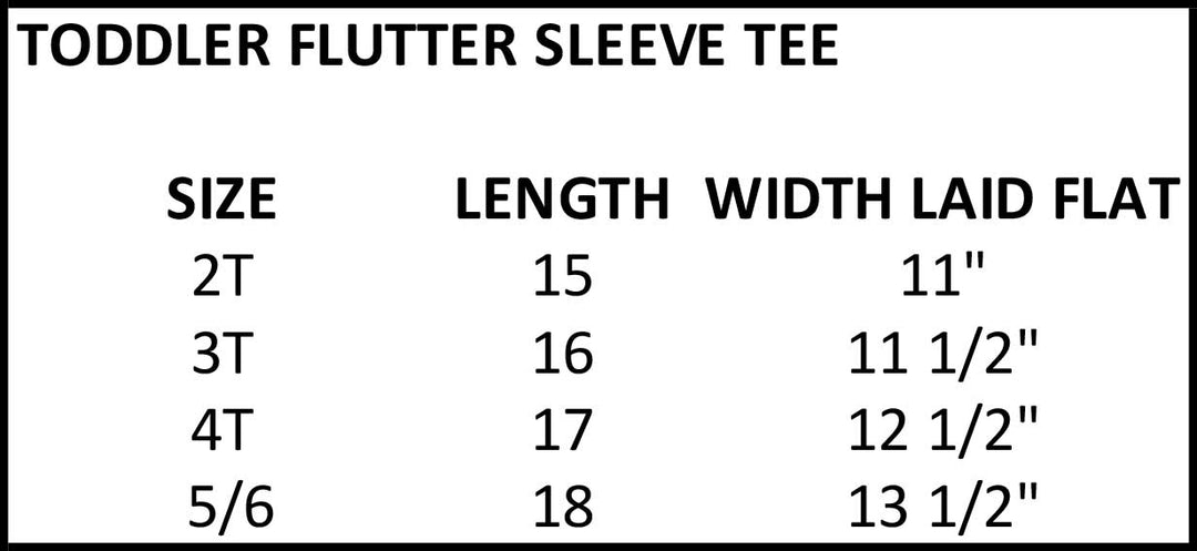 A size chart table for a toddler flutter sleeve tee, showing sizes 2T through 5/6 with corresponding length and width laid flat measurements.