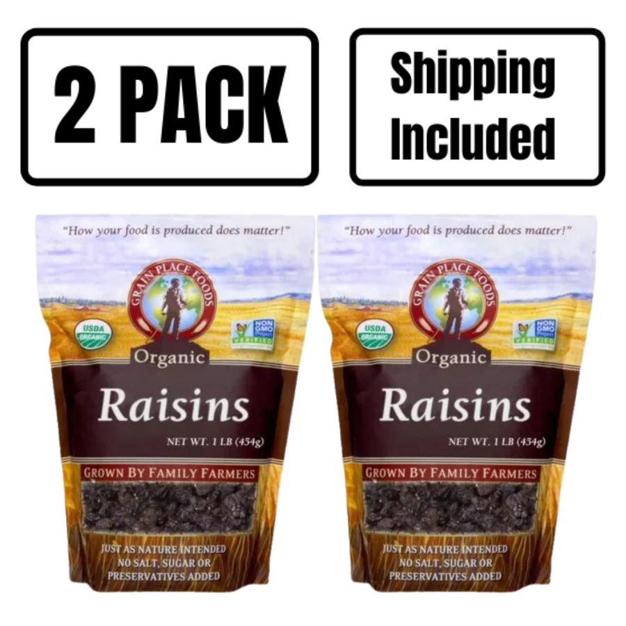 Two 1 Pound Bag Of Organic Raisins On A White Background