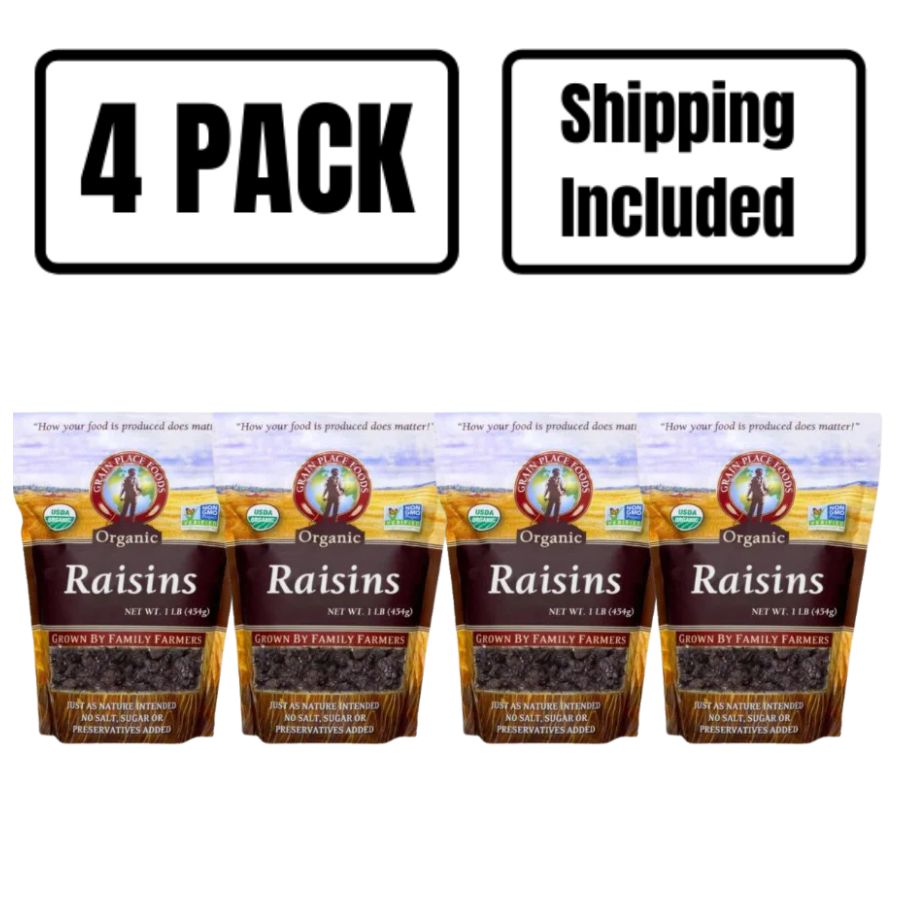 Four 1 Pound Bags Of Organic Raisins On A White Background