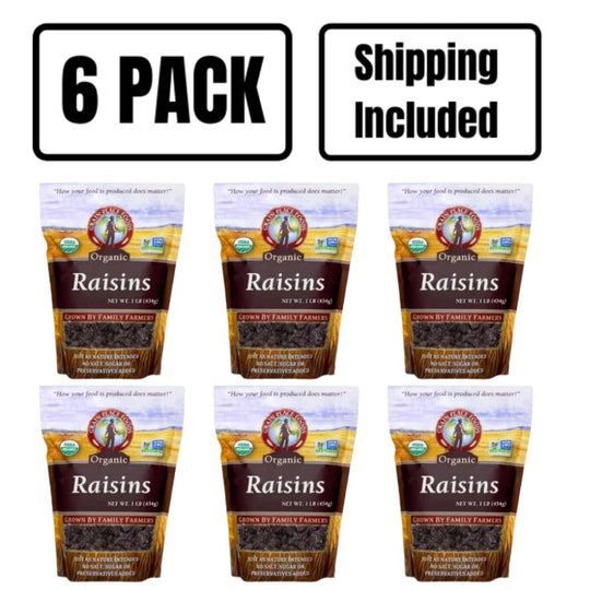 Six 1 Pound Bags Of Organic Raisins On A White Background