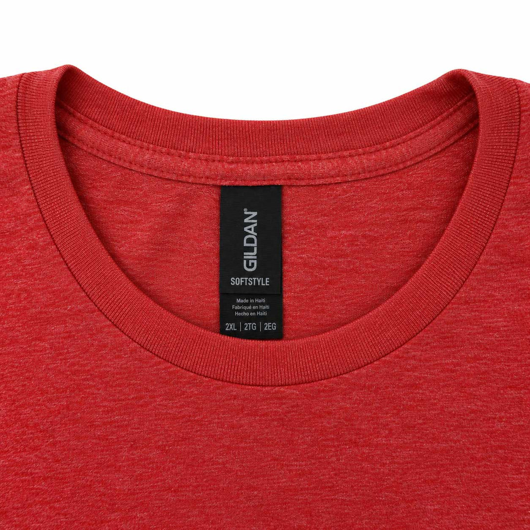 Close-up of a red crewneck t-shirt showing the inner neck label which reads Gildan Softstyle.