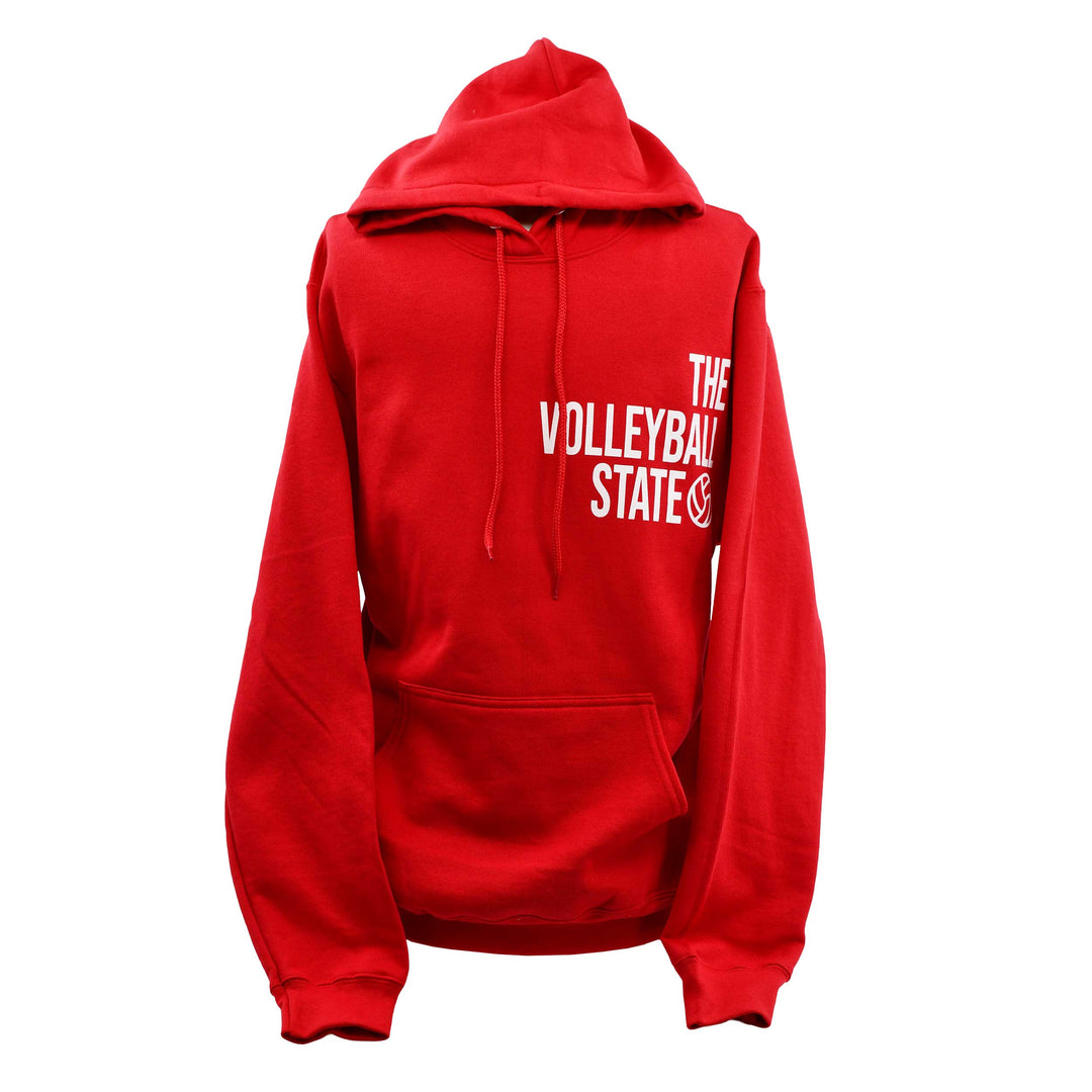 A bright red pullover hoodie with white text reading 'THE VOLLEYBALL STATE' and a small volleyball graphic on the left chest, shown against a plain white background.