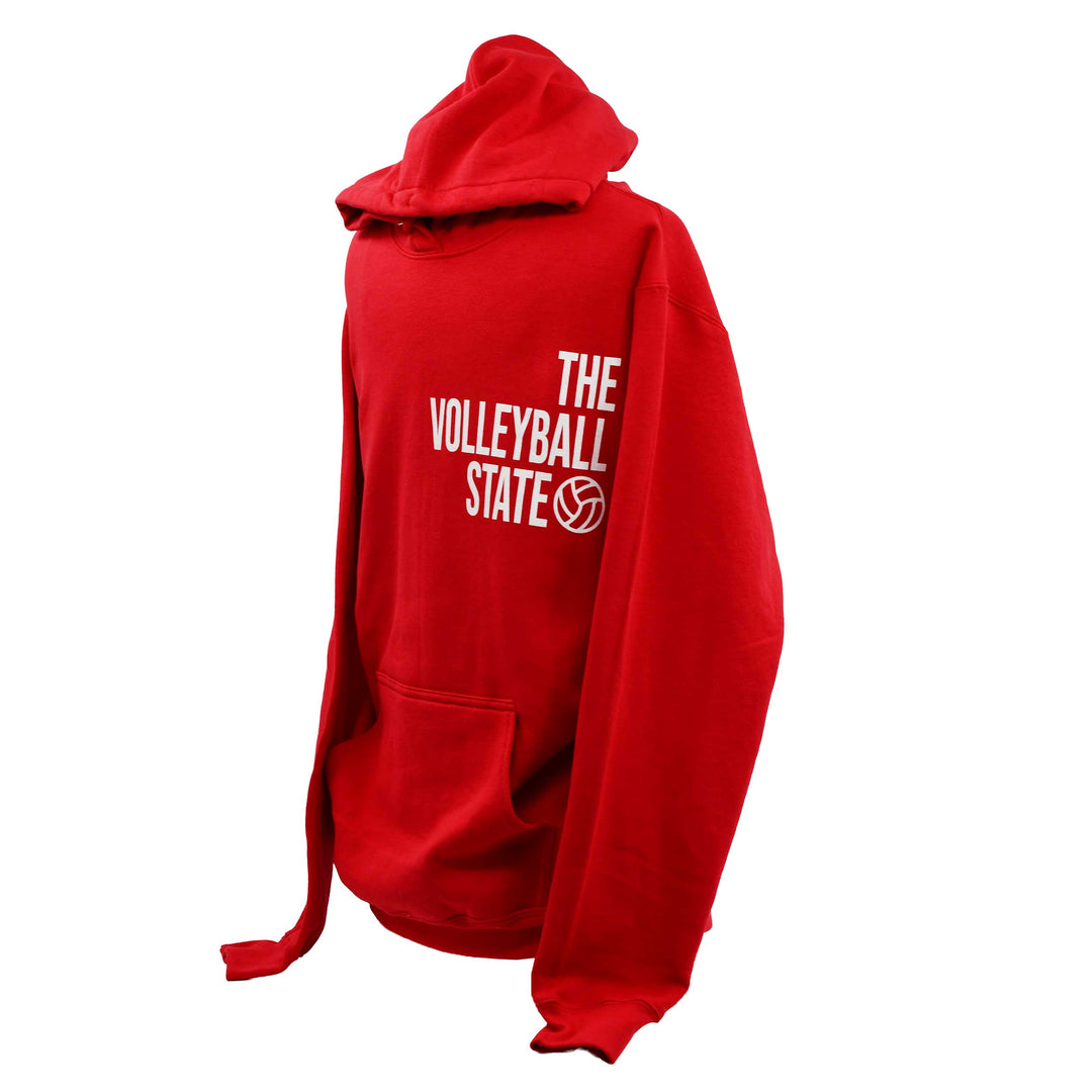 A red pullover hoodie with 'THE VOLLEYBALL STATE' and a volleyball graphic printed in white on the back, shown on a plain white background.