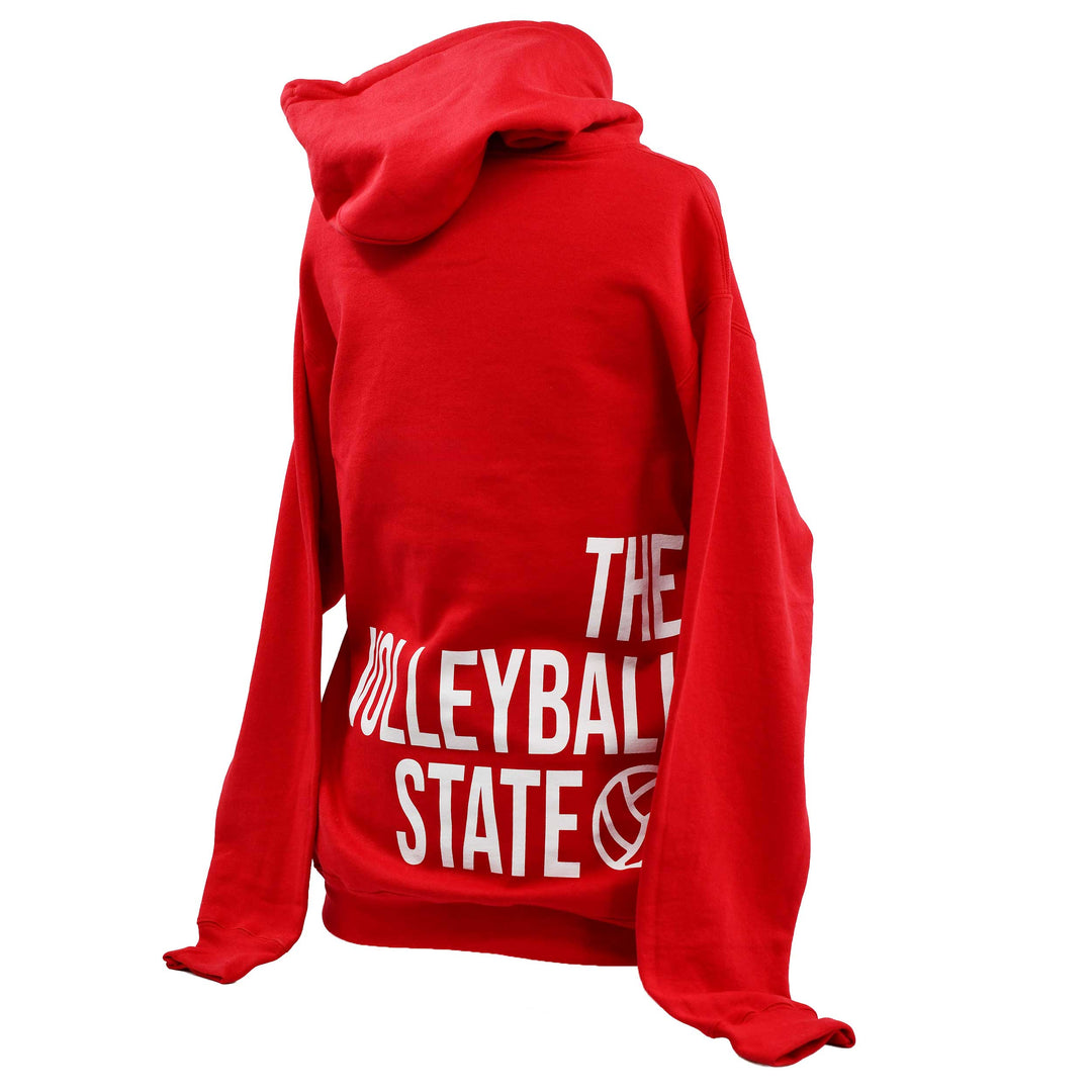 A bright red hoodie shown from the back, featuring 'THE VOLLEYBALL STATE' printed in bold white letters with a volleyball graphic, set against a plain white background.
