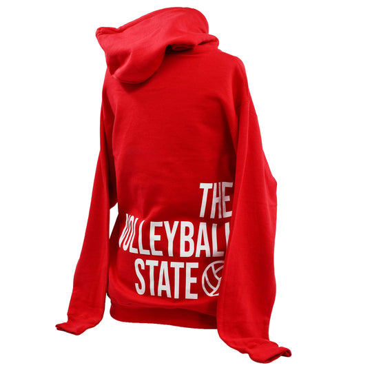 A bright red hoodie shown from the back, featuring 'THE VOLLEYBALL STATE' printed in bold white letters with a volleyball graphic, set against a plain white background.