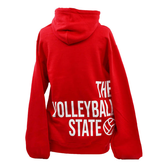 A red hooded sweatshirt shown from the back, featuring 'THE VOLLEYBALL STATE' printed in bold white letters alongside a volleyball graphic.