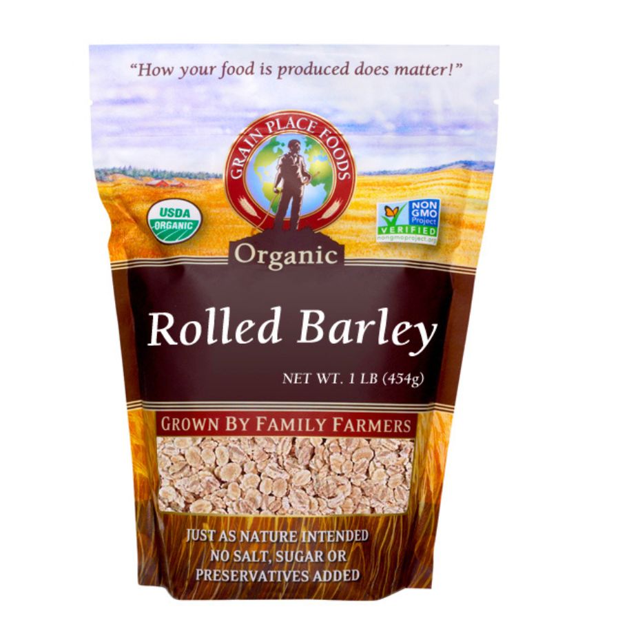 One 1 Pound Bag Of Organic Rolled Barley On A White Background