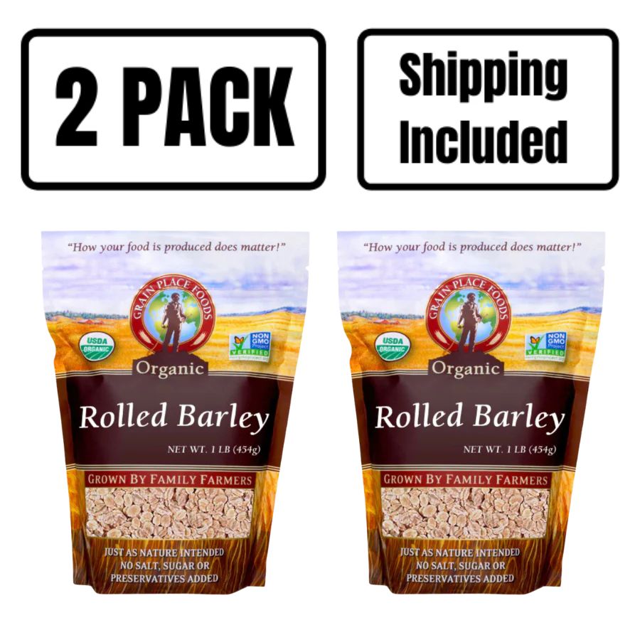 Two 1 Pound Bag Of Organic Rolled Barley On A White Backgrounds
