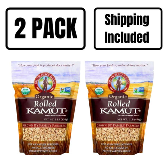 Two 1 Pound Bags Of Organic Rolled Kamut Wheat On A White Background