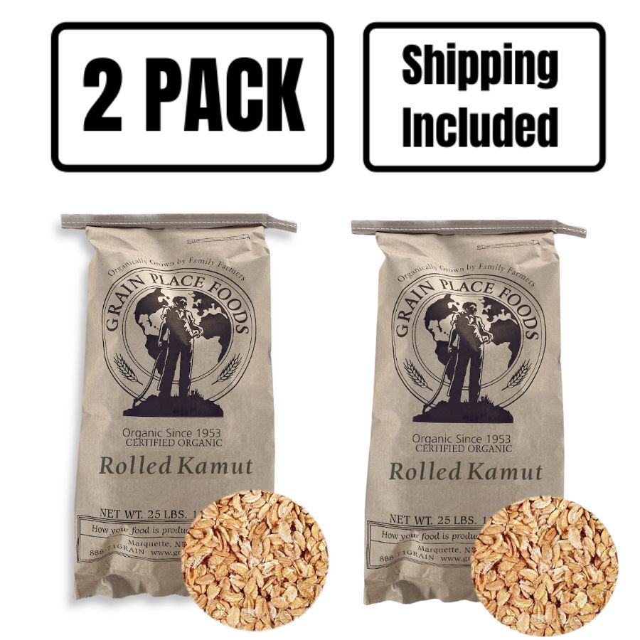 Two 25 Pound Bags Of Organic Rolled Kamut Wheat On A White Background