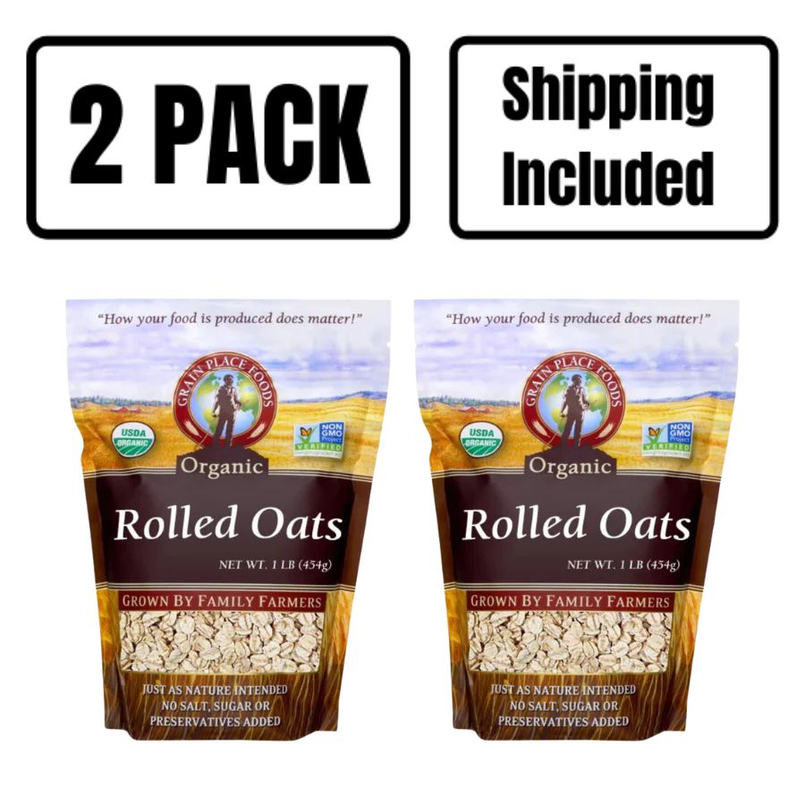 Two 1 Pound Bags Of Organic Rolled Oats On A White Background