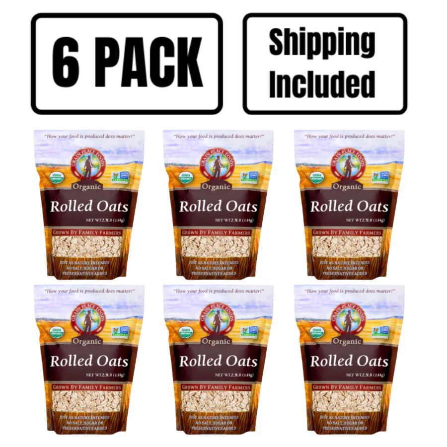 Six 1 Pound Bags Of Organic Rolled Oats On A White Background