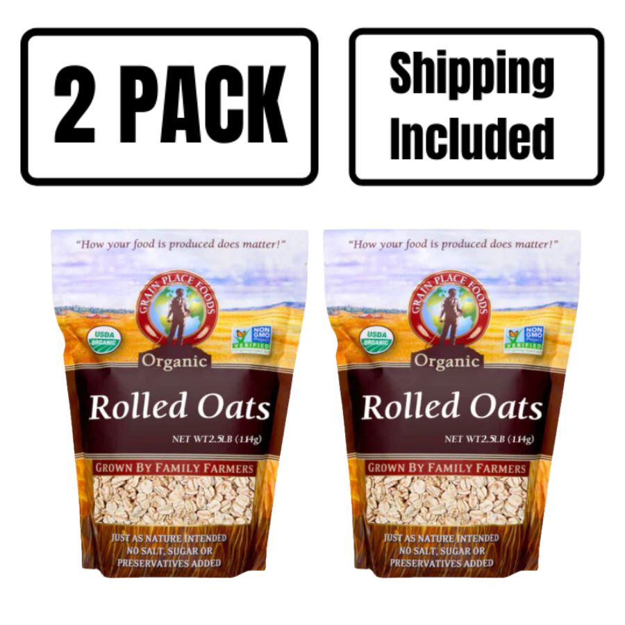 Two 2.5 Pound Bags Of Organic Rolled Oats On A White Background