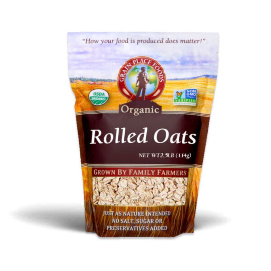 One 2.5 Pound Bag Of Organic Rolled Oats On A White Background