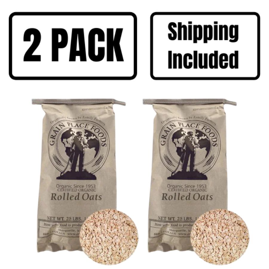 Two 25 Pound Bags Of Organic Rolled Oats On A White Background