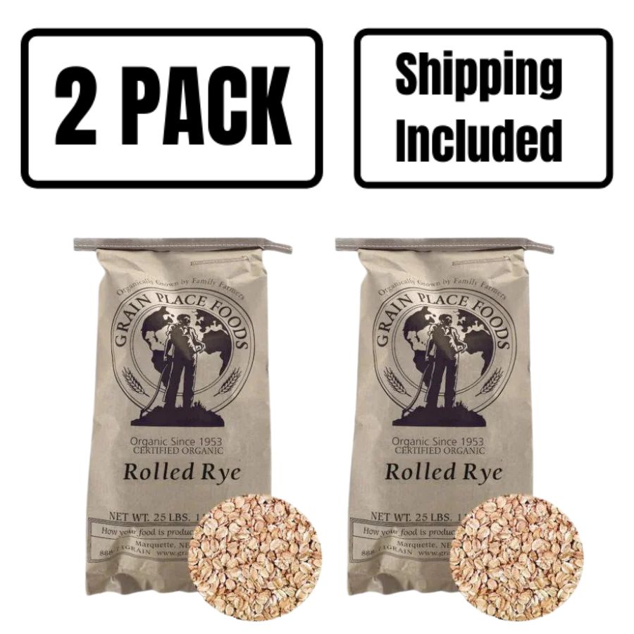 Two  25 pounds bags of Rolled Rye on a White Background