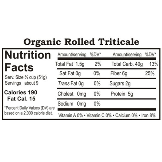 Nutrition Label For Organic Rolled Triticale