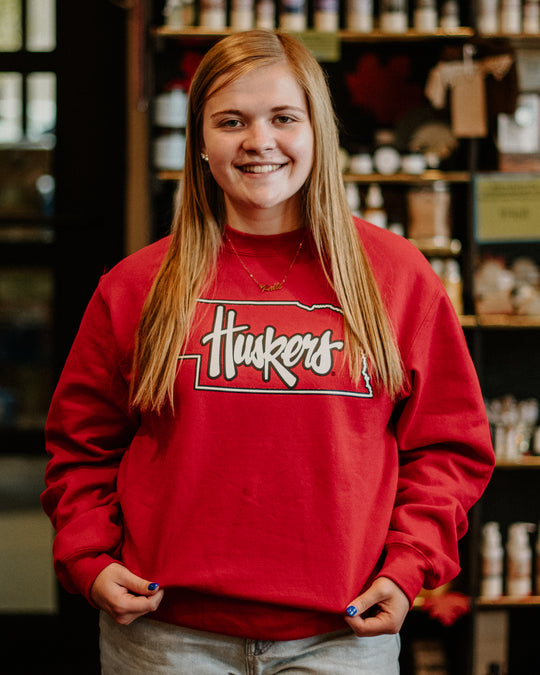 Husker State Crewneck Sweater | Red | Soft Heavy Blend Material | GBR Apparel | Licensed University Of Nebraska at Lincoln Sports Apparel | Multiple Sizes