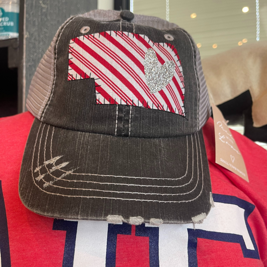 Women's Baseball Cap | Nebraska Silver Heart | White Candy Stripe Design