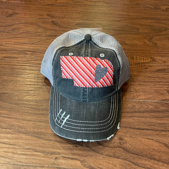 Women's Baseball Cap | Nebraska Silver Heart | Red Candy Stripe Design