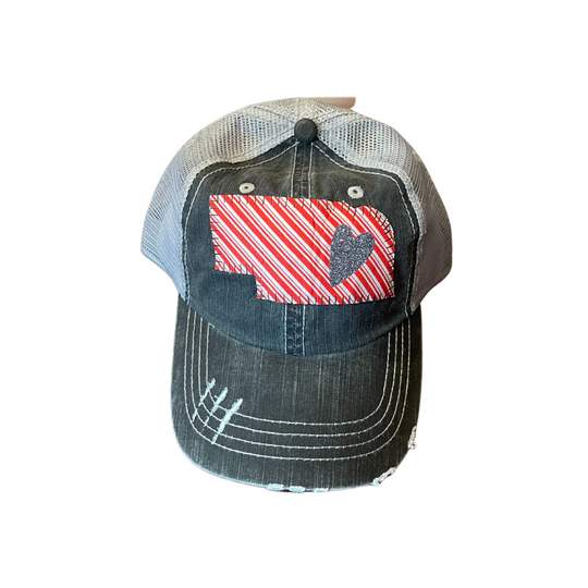 Women's Baseball Cap | Nebraska Silver Heart | Red Candy Stripe Design