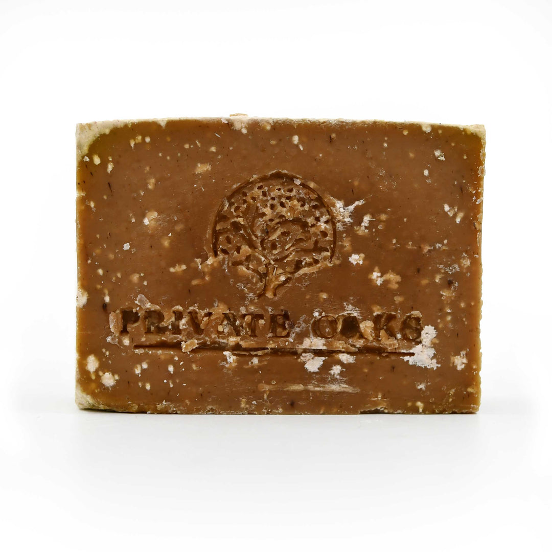 Bar of soap with 'Private Oaks' branding on a white background