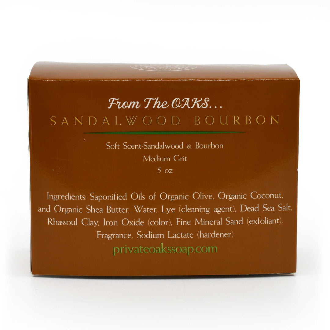 Brown soap packaging with sandalwood bourbon scent on a white background