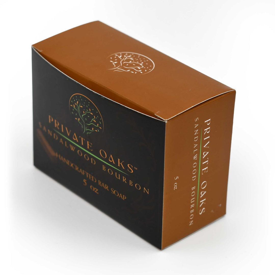 Box of Private Oaks Sandalwood Bourbon soap on a white background