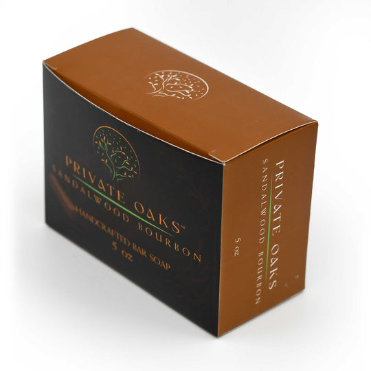 Box of Private Oaks Sandalwood Bourbon soap on a white background
