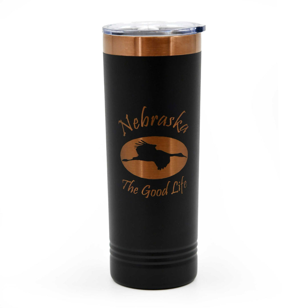 Sandhill Crane Skinny Tumbler with Slider Lid | 22 oz | Black With Rose Gold Engraving | RCK Creations & More