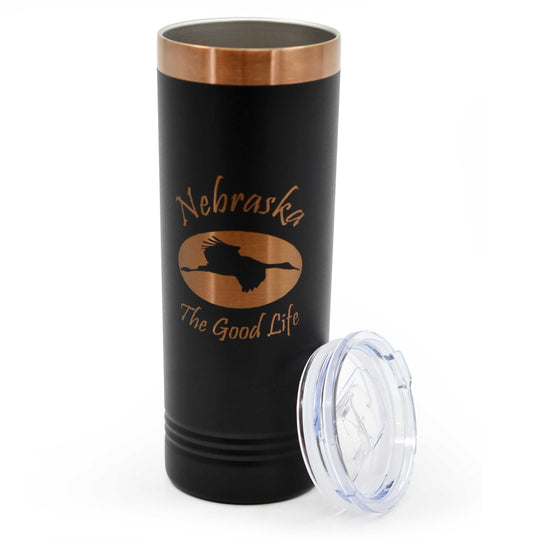 Sandhill Crane Skinny Tumbler with Slider Lid | 22 oz | Black With Rose Gold Engraving | RCK Creations & More