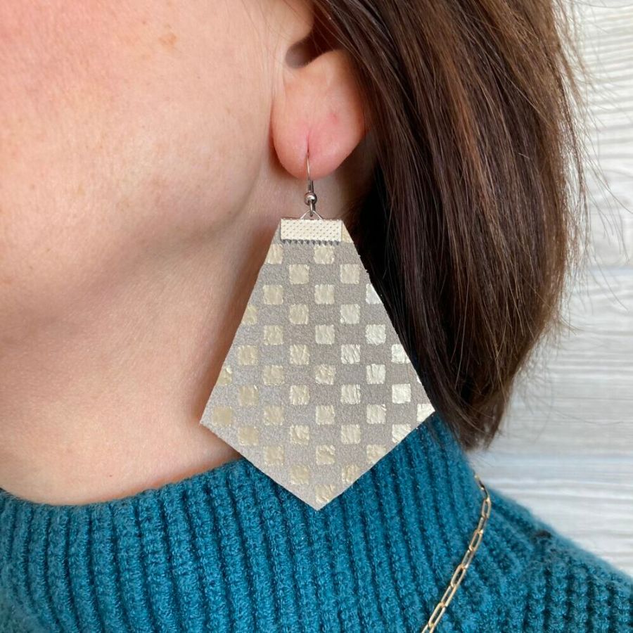 Soft Gold Checkered Leather Earrings | Retro Statement Earrings | Easy To Style | Lightweight | Neutral Earrings | Made In Nebraska | Hypo Allergenic