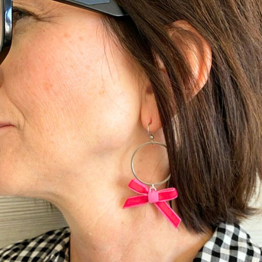 Hot Pink Velvet Bow Earrings | Platinum Round | Perfect Touch Of Elegance & Romantic Style | Dress Up Or Down | Hypo Allergenic | Made In Nebraska