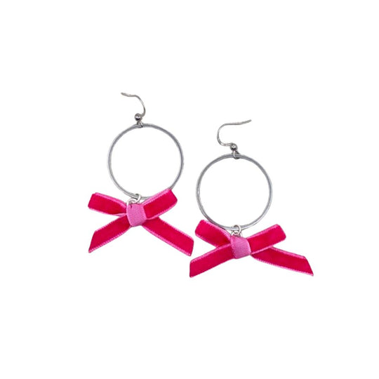 Hot Pink Velvet Bow Earrings | Platinum Round | Perfect Touch Of Elegance & Romantic Style | Dress Up Or Down | Hypo Allergenic | Made In Nebraska