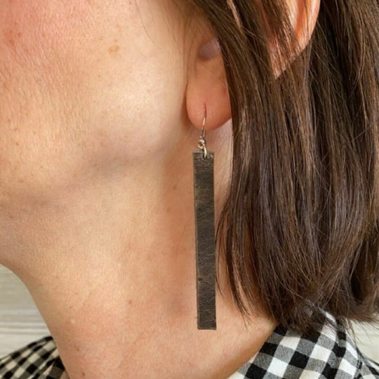 Charcoal Skinny Bar Leather Earrings | Cute, Simple Look | Easy To Style | Lightweight | Made In Nebraska | Easy To Wear For Everyday