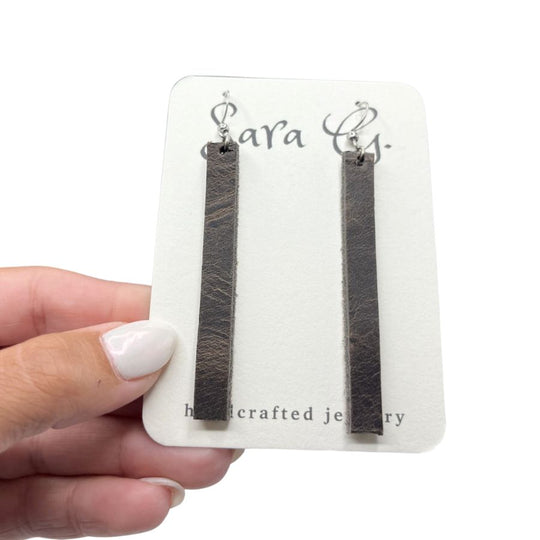 Charcoal Skinny Bar Leather Earrings | Cute, Simple Look | Easy To Style | Lightweight | Made In Nebraska | Easy To Wear For Everyday