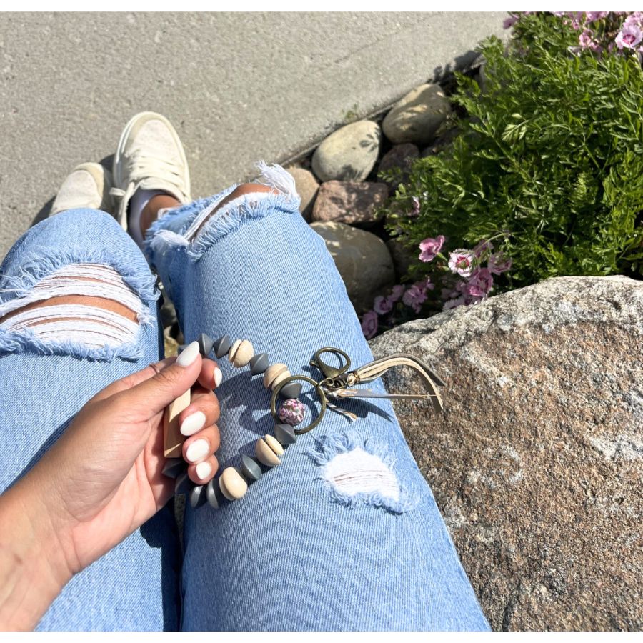 Beaded Key Chain Wristlet | Gray & Beige | Pink Charm | One Size Fits All | Cute & Stylish Keychain | Gift That Everyone Loves | Never Lose Your Keys