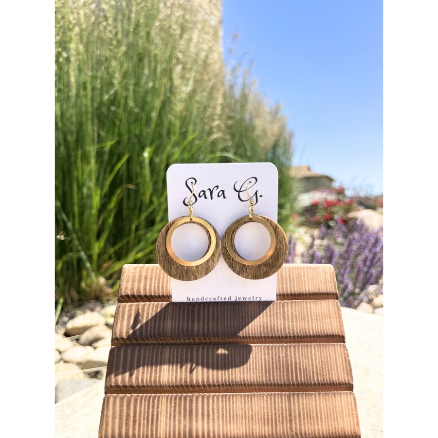 Boho Wooden Earring | Walnut Neutral Round With Gold | Medium Size | Elevate A Neutral Style | Lightweight | Nebraska-Made Jewelry | Cute Chic Earring