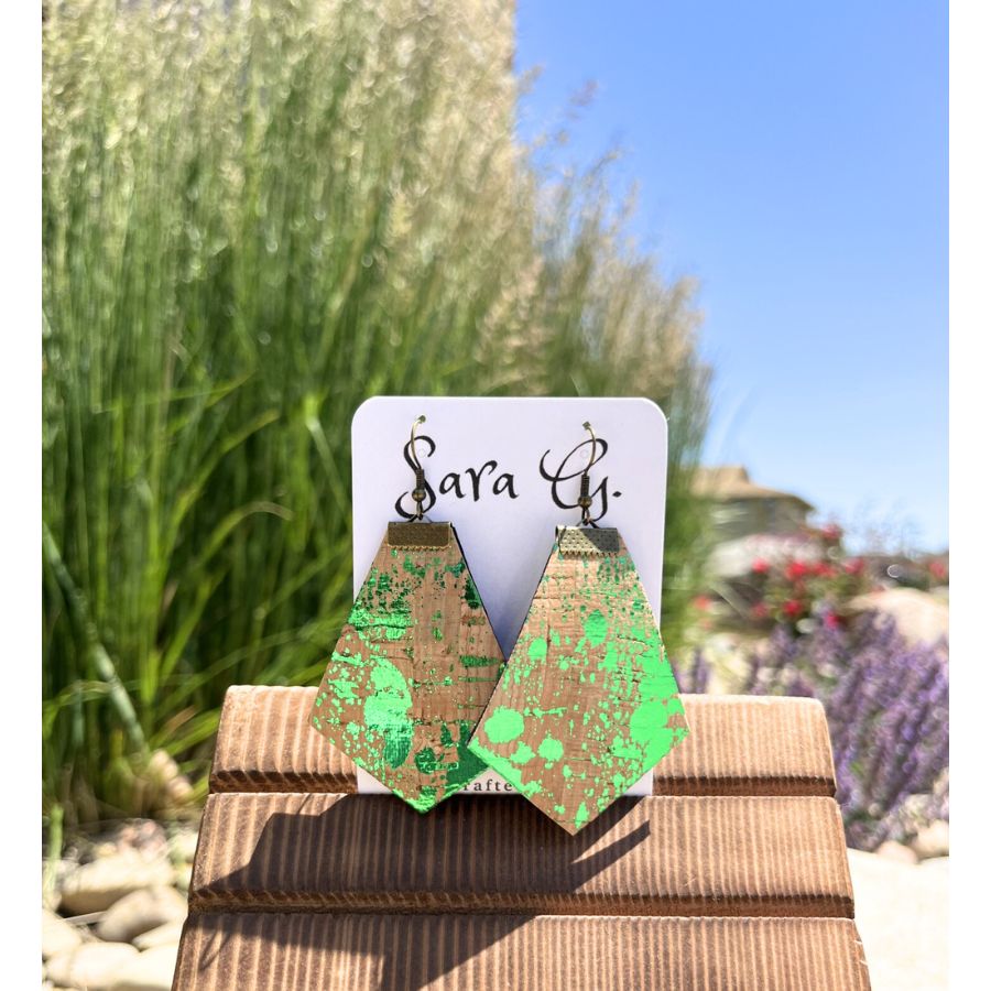 Leather Earrings With Splash Of Green Cork | Perfect For Concerts Or Girls Trips | Jazz Up Your Night Out Outfits | Lightweight | Made In Nebraska