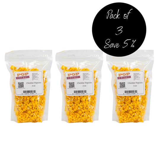 Cheddar Popcorn | 3 oz. | 3 Pack | Creamy Cheese Coating | Pop Corner | Made in North Platte, NE