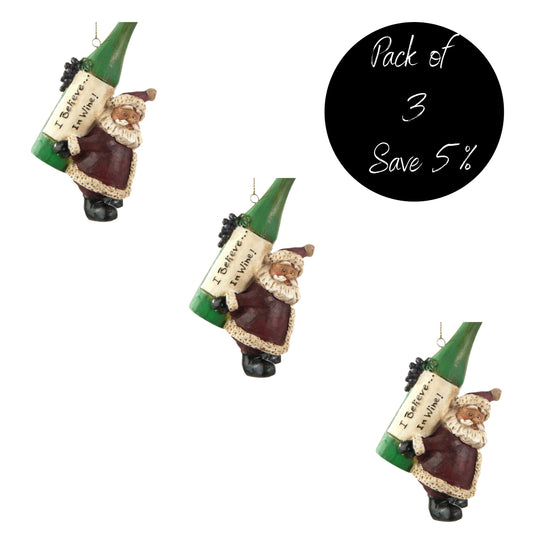 Santa Wine Bottle on Back Ornament | Pack of 3 | Great Christmas Gift For Wine Lover | Resin | Made in Lincoln, NE | Bert Anderson Collection