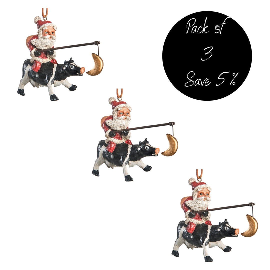 Pack of 3, Santa with cow ornament