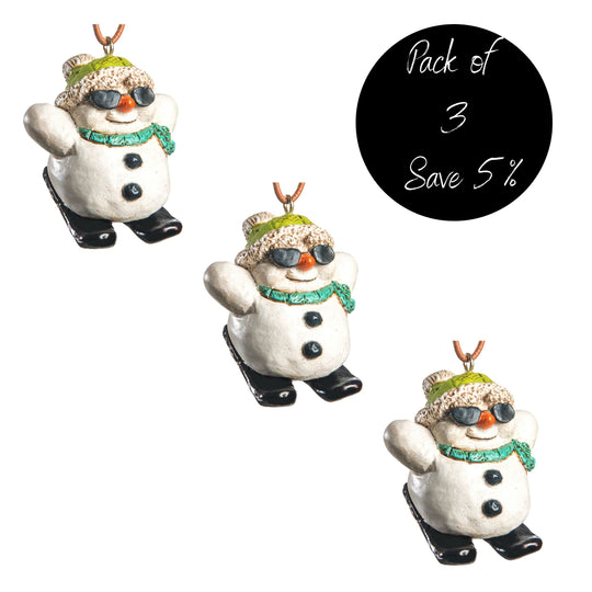 Pack of 3, Skiing Snowman Ornament